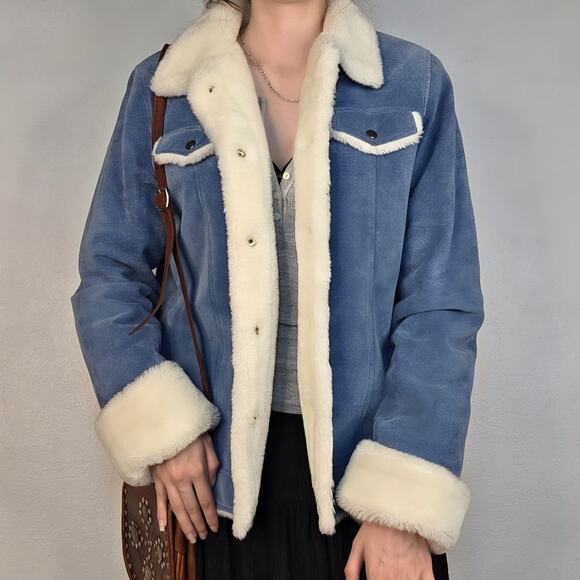 Vintage Blue Suede Penny Lane Jacket Faux Shearling Size Small 90s - Picture 3 of 8